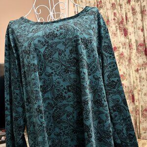 Woman Within Velour Pull On Top, Emerald Green w/Black Paisley, sz 22/24